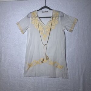 The Royal Standard White  Embroidered Tunic Cover Up Boho Beach S/M‎ Tassel EUC